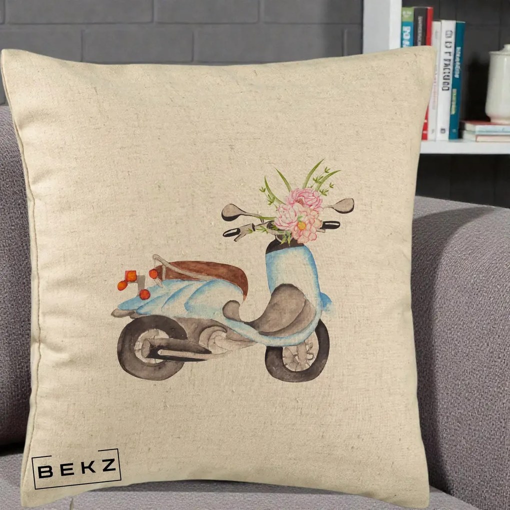 Perna Decorativa Scuter Albastru cu Flori Acuarela, 40x40 cm, Bej, Husa Detasabila, Perna Inclusa, BEKZ®