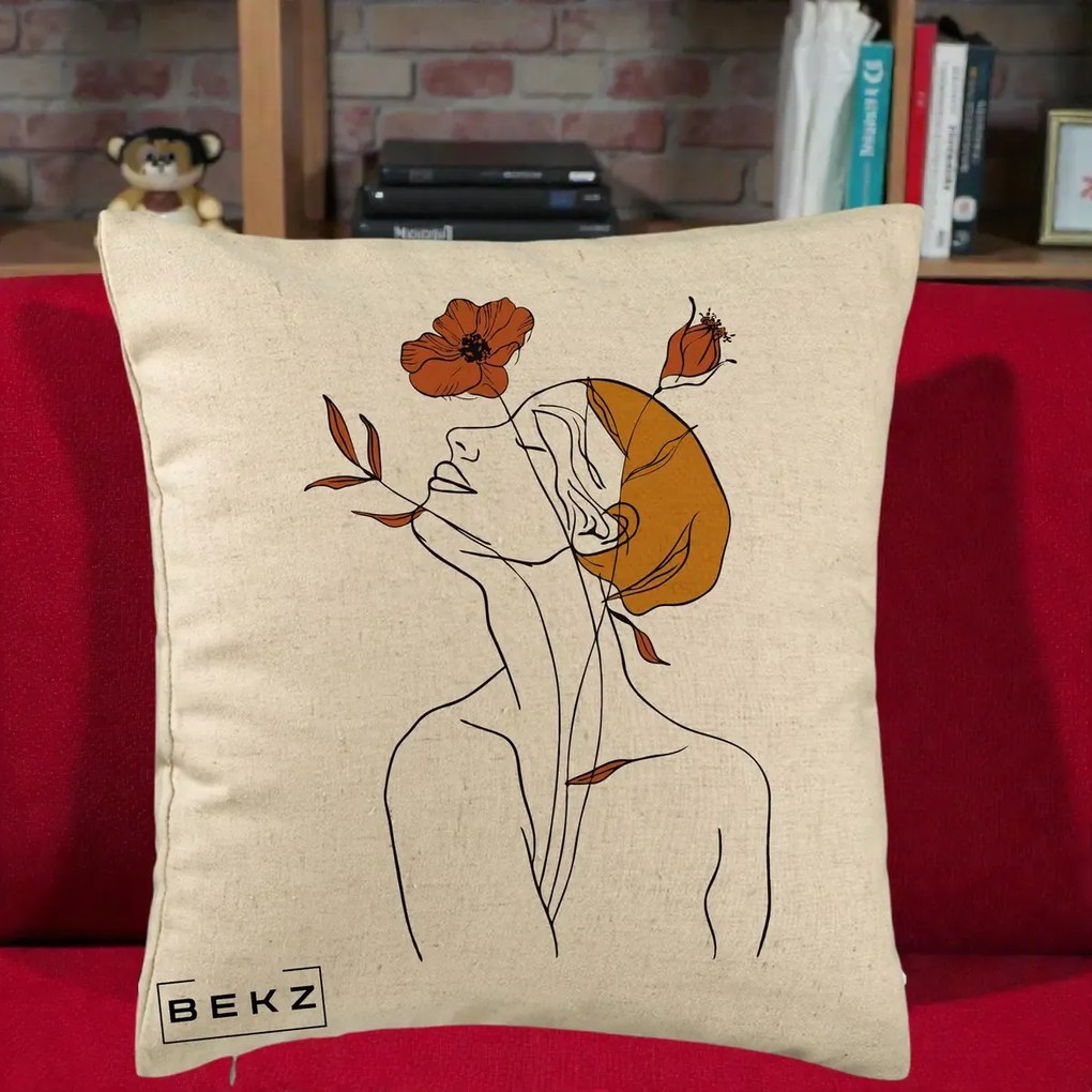 Perna Decorativa Portret Feminin Mac Privire Inalta, 40x40 cm, Bej, Husa Detasabila, Perna Inclusa, BEKZ®