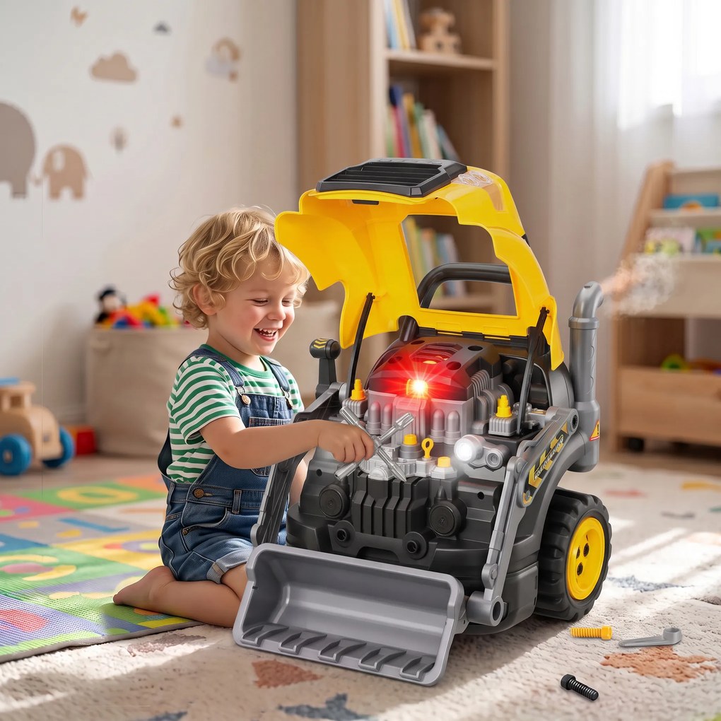 AIYAPLAY Atelier Excavator Jucărie pentru Copii cu Motor, 68 Accesorii, Efect Abur și Sunete, 46x41x47 cm, Galben | Aosom Romania