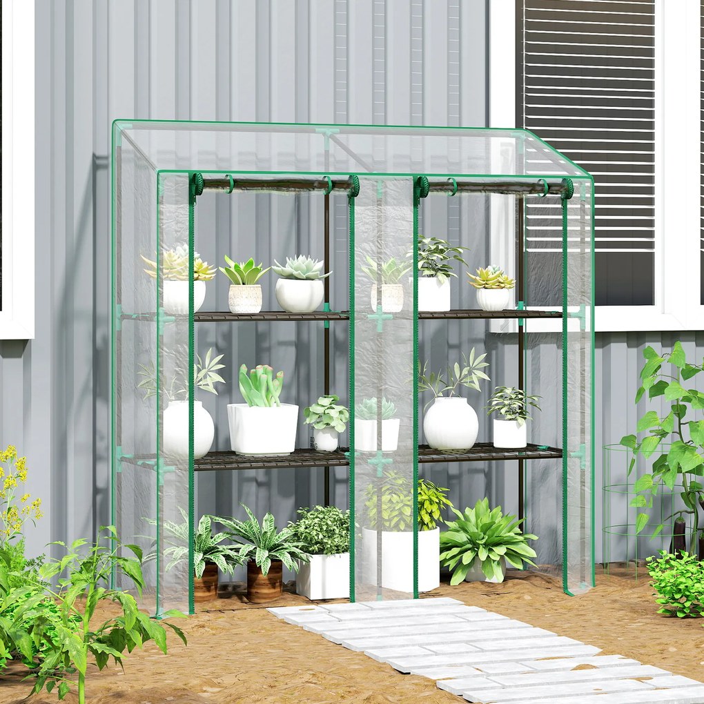 Outsunny Seră de Grădină cu Copertină din PE, Seră cu Acoperiș Înclinat, 2 Uși Rulante și 6 Rafturi, 143x46x151cm, Verde | Aosom Romania
