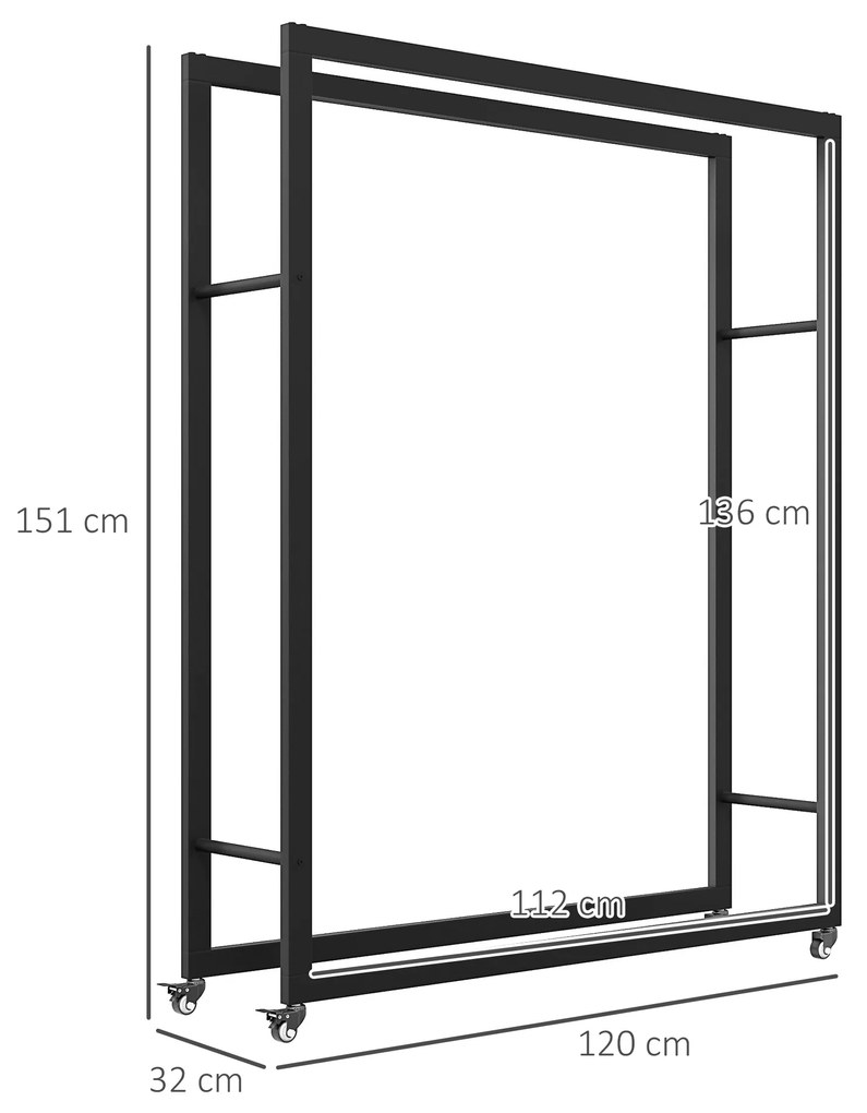 Outsunny Suport Portabil pentru Lemne cu Roți, Suport pentru Lemne din Metal Ranforsat, 120x32x151 cm, Negru | Aosom Romania