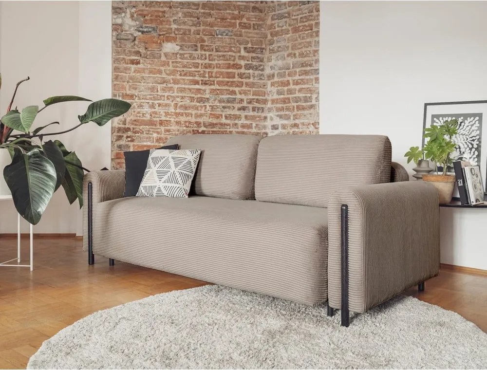 Canapea maro deschis extensibilă/cu spațiu de depozitare cu tapițerie din catifea reiată 244 cm Arcadova – ELTAP