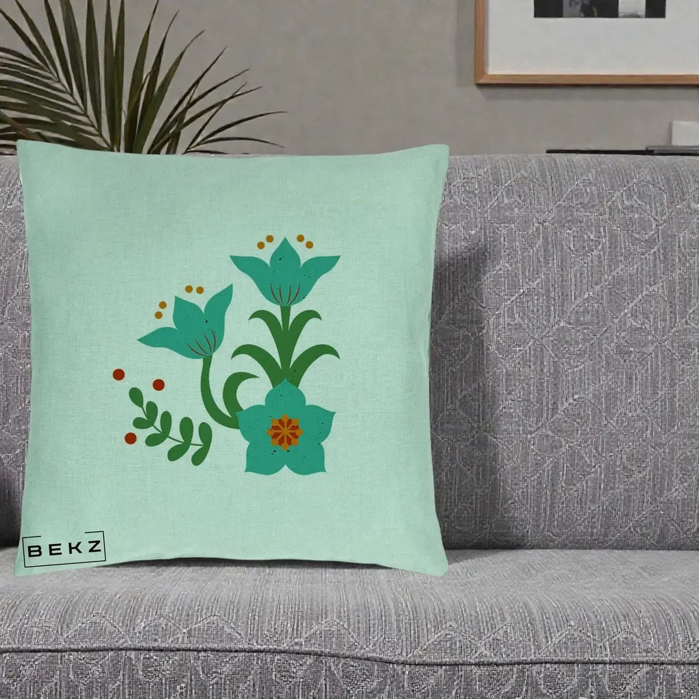 Perna Decorativa Flori Stilizate Folk Turcoaz, 40x40 cm, Verde Menta, Husa Detasabila, Perna Inclusa, BEKZ®