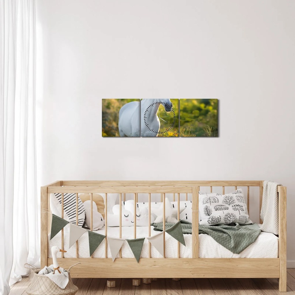 Tablou - Cal alb în poină (cu ceas) (90x30 cm)