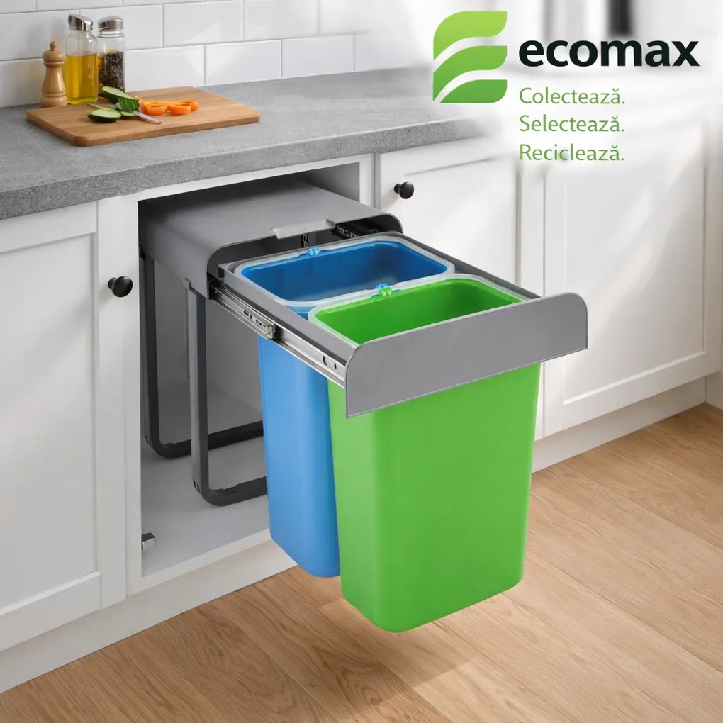 Cos gunoi incorporabil Aladin 40 Ecomax, cu extragere totala, colectare selectiva, 2 x 8 l Polipropilena cu fibra de sticla, H:362 mm; L:287 mm; A:333