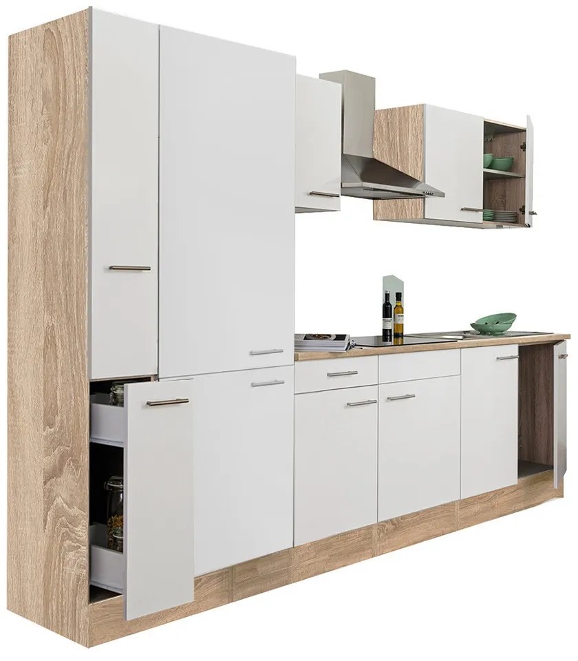 Mobilă de bucătărie Yorki 300, corp din stejar Sonoma, față alb satinat, cu dulap cu raft