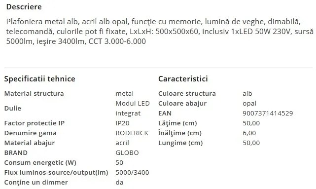Plafoniera LED moderna cu telecomanda RODERICK 50W