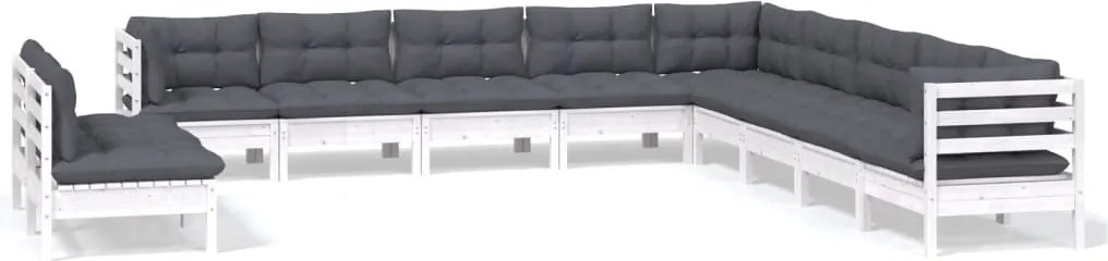 vidaXL Set mobilier grădină cu perne, 11 piese, alb, lemn masiv pin