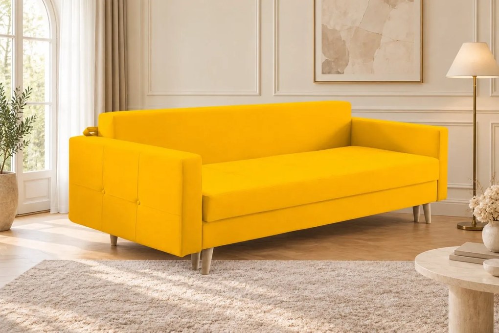 Canapea extensibilă Carina catifea, galben muștar, cu ladă de depozitare