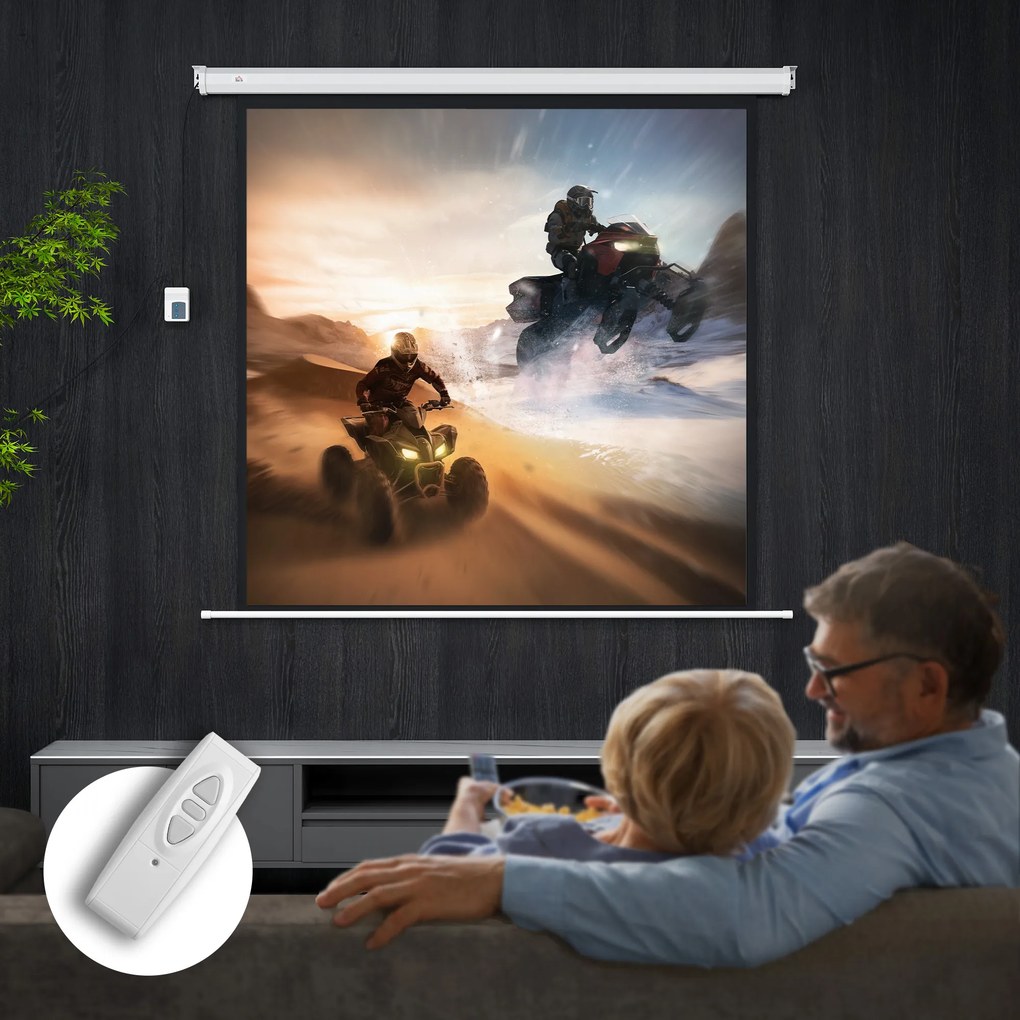HOMCOM Ecran Proiecție de 85 inch 1:1 cu Telecomandă, Pânză de Proiector Rulantă, 176,5x8x176,5 cm, Alb | Aosom Romania