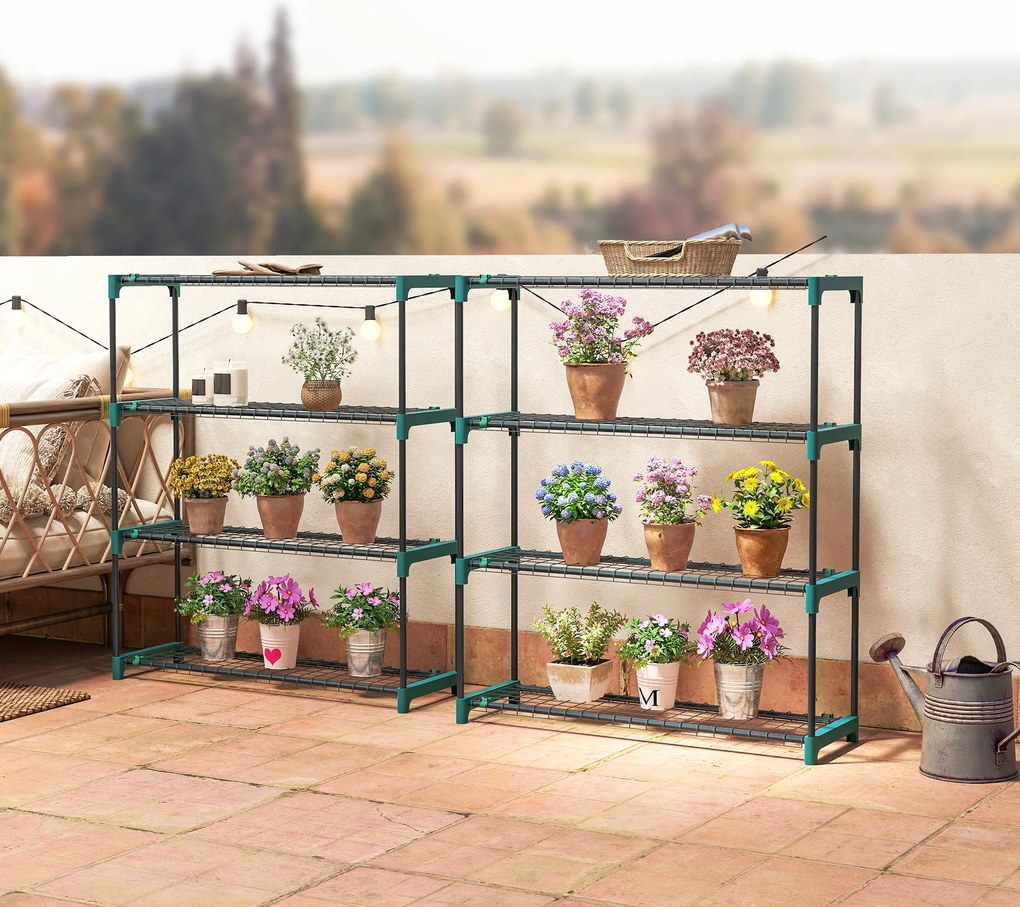 Outsunny Raft pentru Plante pe 4 Niveluri, Set de 2 Suporturi pentru Plante, din Oțel cu Catarame pentru Montaj Ușor, Expunere Ghivece Grădină și Balcon, 90x28x104 cm | Aosom Romania
