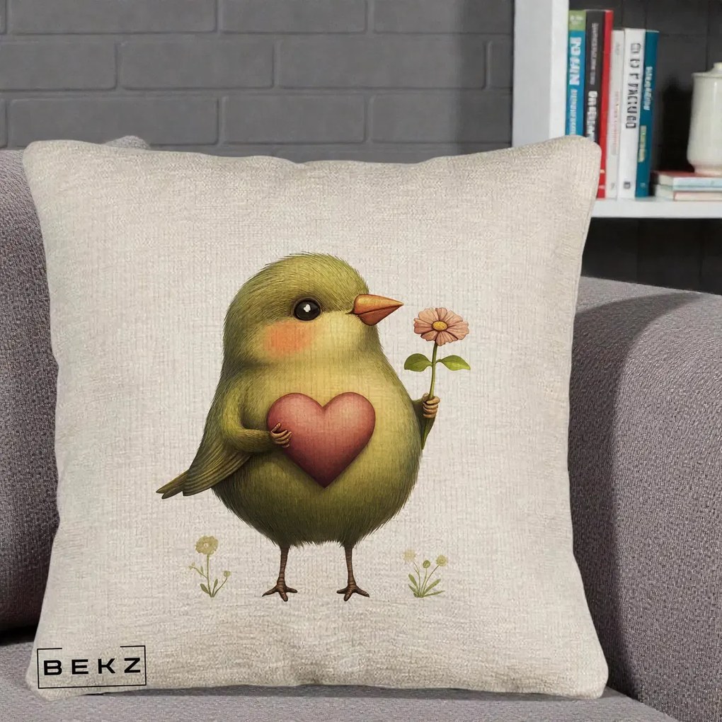 Perna Decorativa Pasare Verde cu Inima si Floare, 40x40 cm, Bej Canapea, Husa Detasabila, Perna Inclusa, BEKZ®