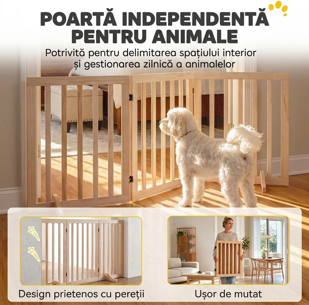 PawHut Poartă Pliabilă pentru Câini cu 3 Panouri, În Nuanțe de Lemn de Pin | Aosom Romania