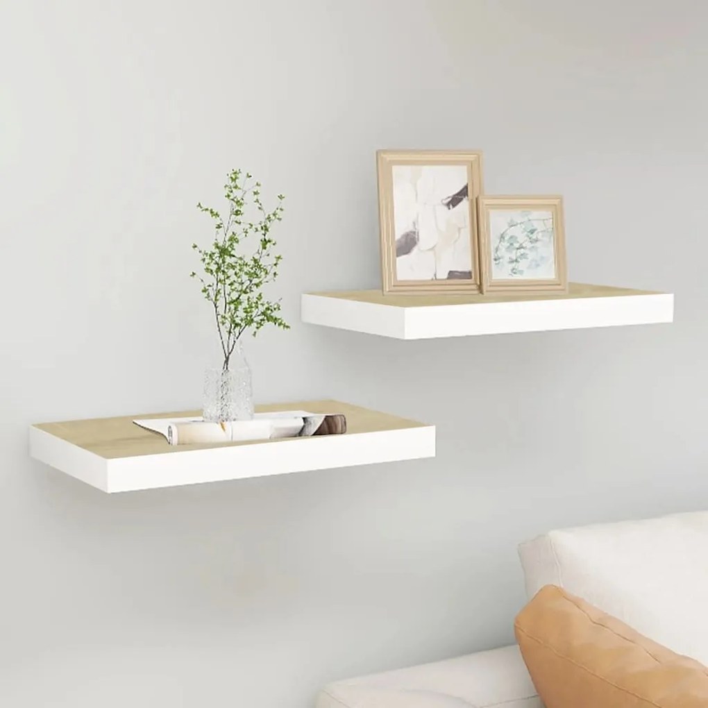 vidaXL Rafturi perete suspendate 2 buc. alb/stejar 40x23x3,8 cm MDF