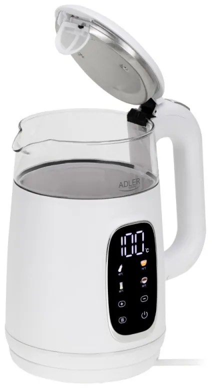 Cana electrica Adler AD 1305, 1850/2200 W, 1,7 l, Control tactil, Afisaj LCD color, 5 setari temperatură 40-100°C, Filtru antidecantare, Alb