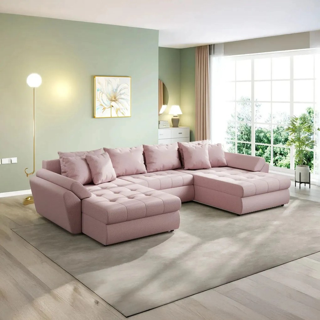 Colțar extensibil dumonde cu ladă de depozitare si sezut confortabil din spuma high-density, Loana U Enjoy Flamingo 355x185 cm