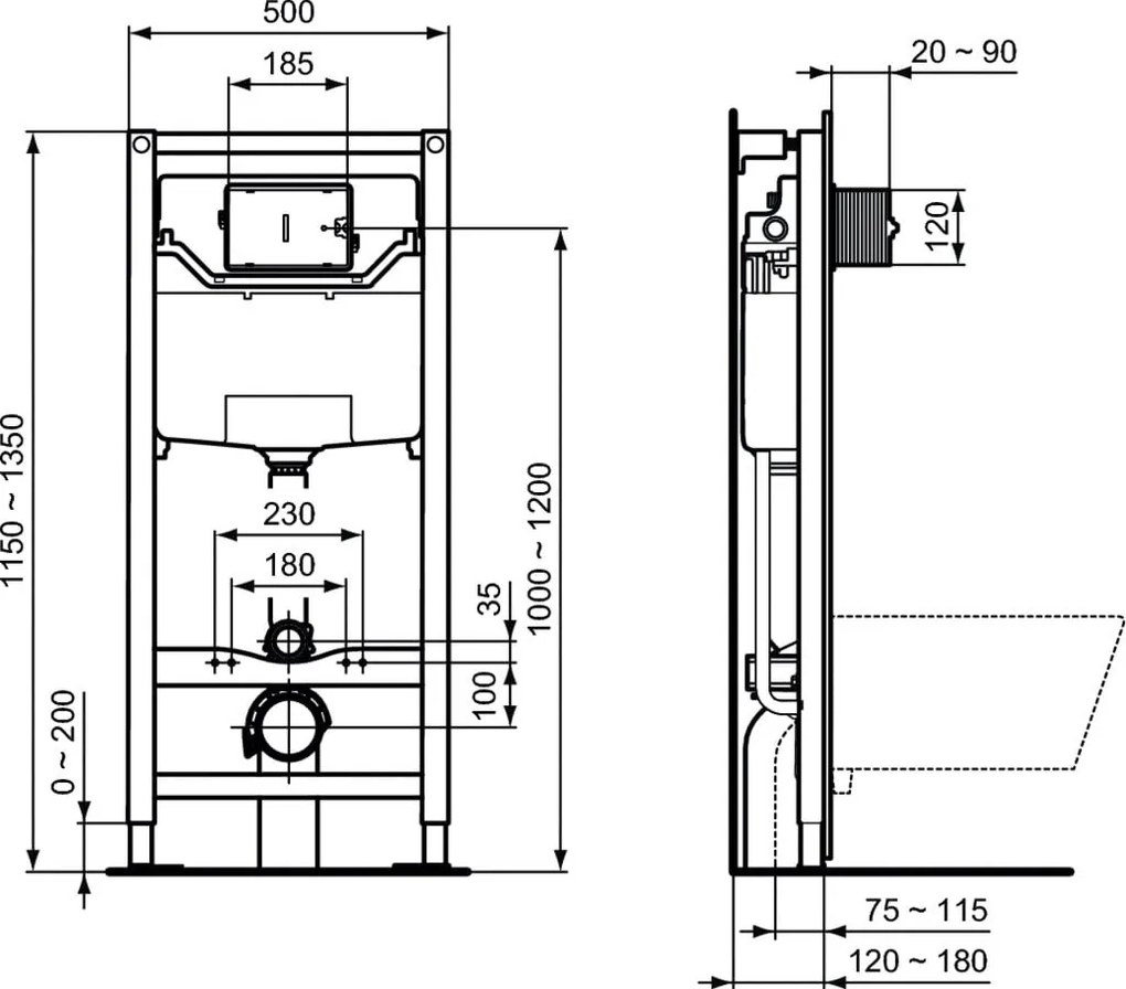 Rezervor incastrat Ideal Standard ProSys 120 mm de 12 cm cu cadru si actionare frontala - R020467