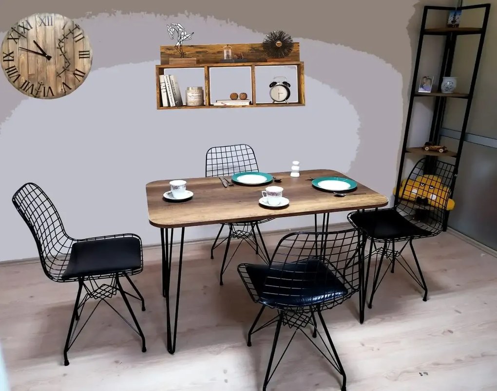 Set masa cu 4 scaune metal, Dream Homs, nuc/negru 70 x 110 cm