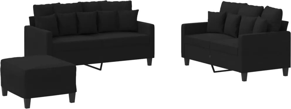 vidaXL Set de canapele cu perne, 3 piese, negru, textil