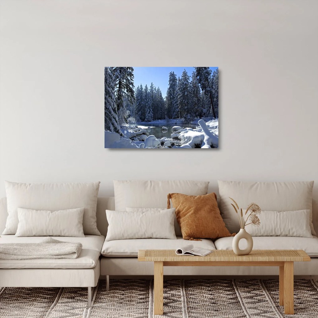 Tablou pe sticlă pădurii înzăpezite (70x50 cm)