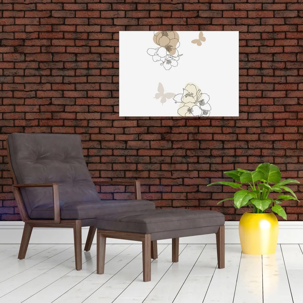 Tablou pe sticlă - Flori bej cu fluture N⁰2 (70x50 cm)