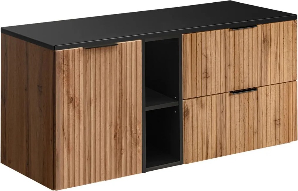 Mască suspendată cu blat și coș de rufe pentru chiuveta de la baie Adel, stejar wotan/negru (120 cm)