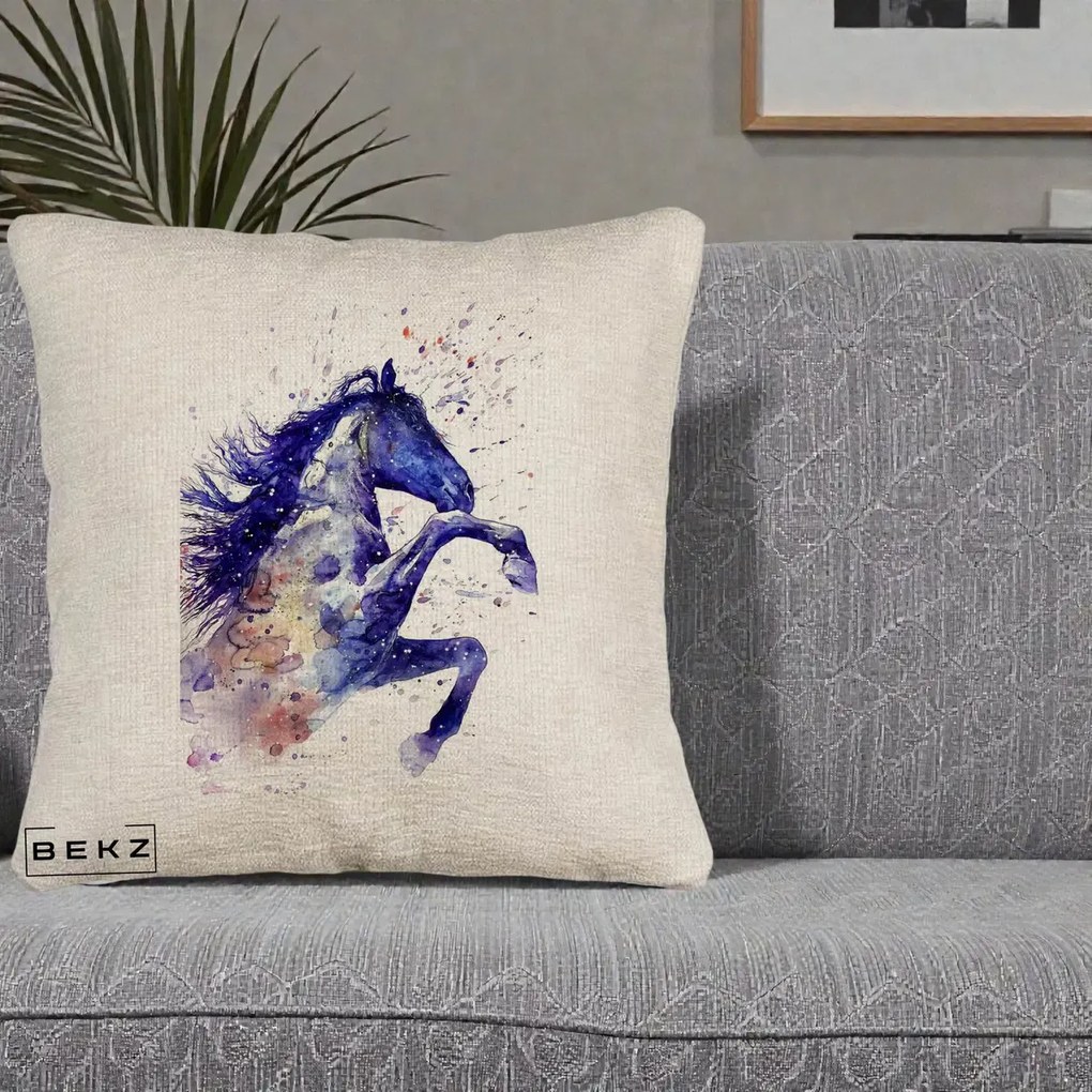 Perna Decorativa Cal Albastru Acuarela, 40x40 cm, Bej Canapea, Husa Detasabila, Perna Inclusa, BEKZ®