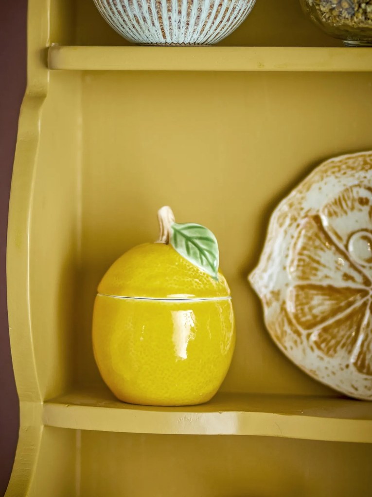 Borcan din ceramică cu capac, galben, formă de lămâie cu frunză și codiță, decorat parțial manual, 12 x 9 cm, „Limone”