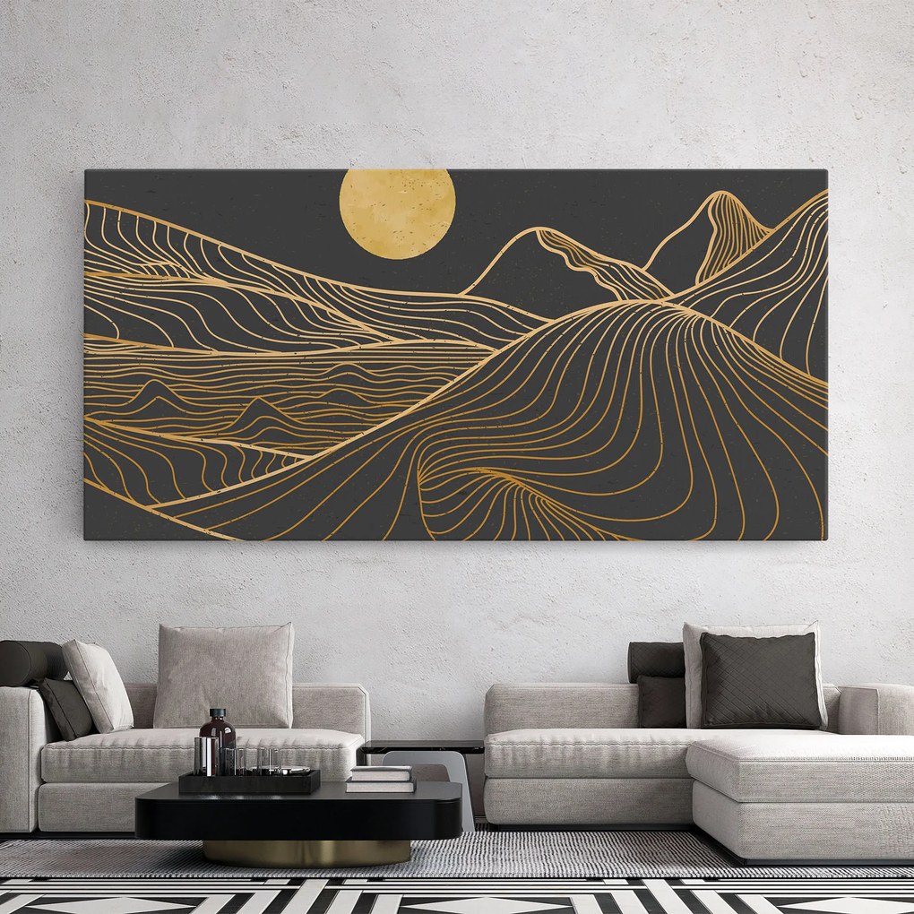 Tablou Canvas, 100x200cm, Dormitor si Living, Peisaje, Munti, Golden Mountain Moon