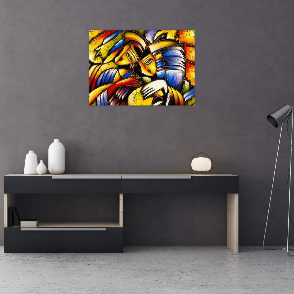 Tablou pe sticlă - Pictură în ulei, îndrăgostiții (70x50 cm)