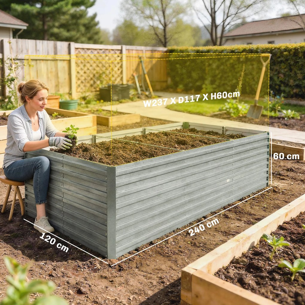 Outsunny Jardineră exterioară, jardineră ridicată galvanizată cu bordură de siguranță și fund deschis 240 x 120 x 60 cm gri argintiu | Aosom Romania