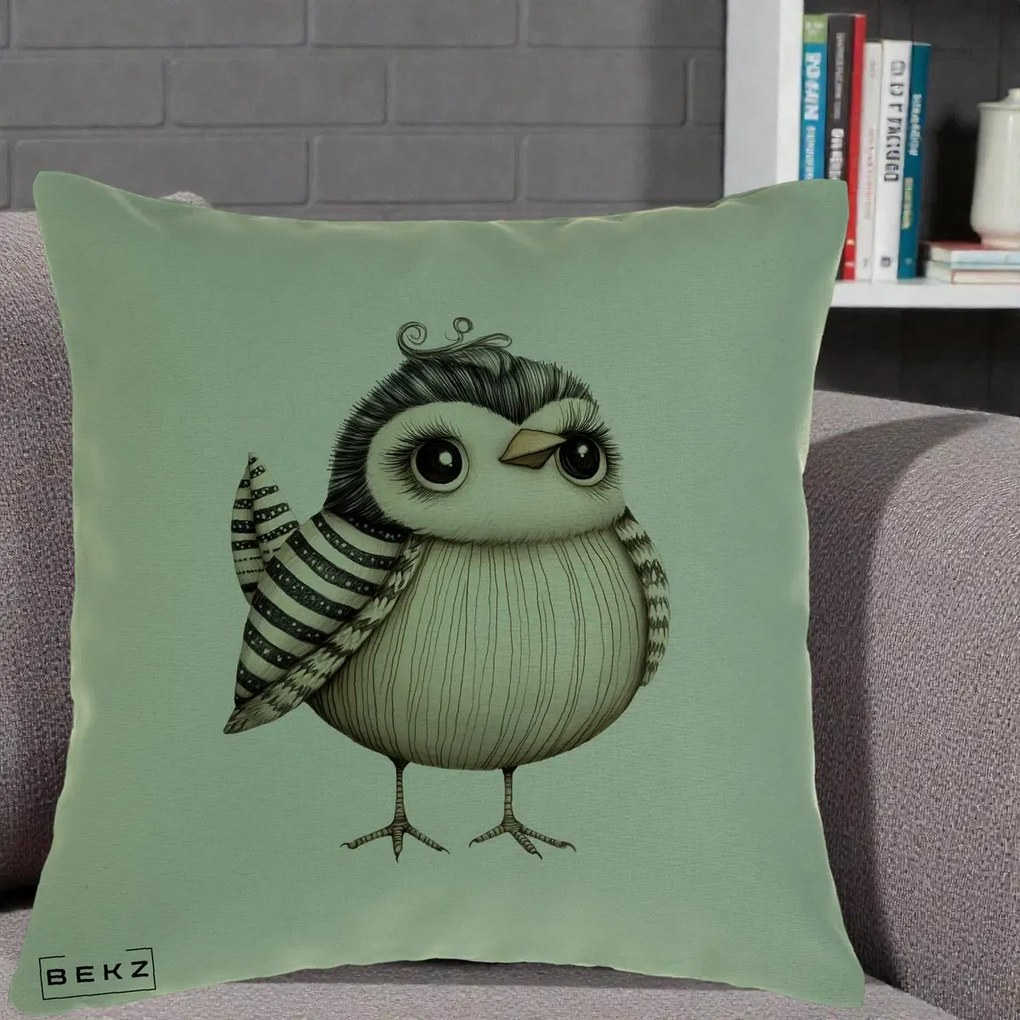 Perna Decorativa Pui Elegant Alb-Negru, 40x40 cm, Verde, Husa Detasabila, Perna Inclusa, BEKZ®