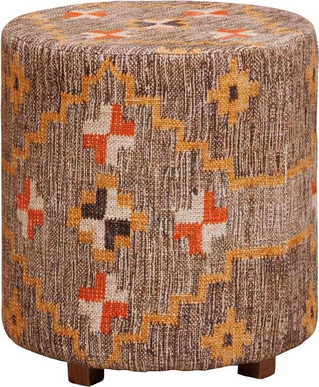 Taburet kilim rotund din bumbac, lână și lemn de acacia, multicolor, cu model geometric, 47 x Ø 45 cm, „Klimt Kilim”