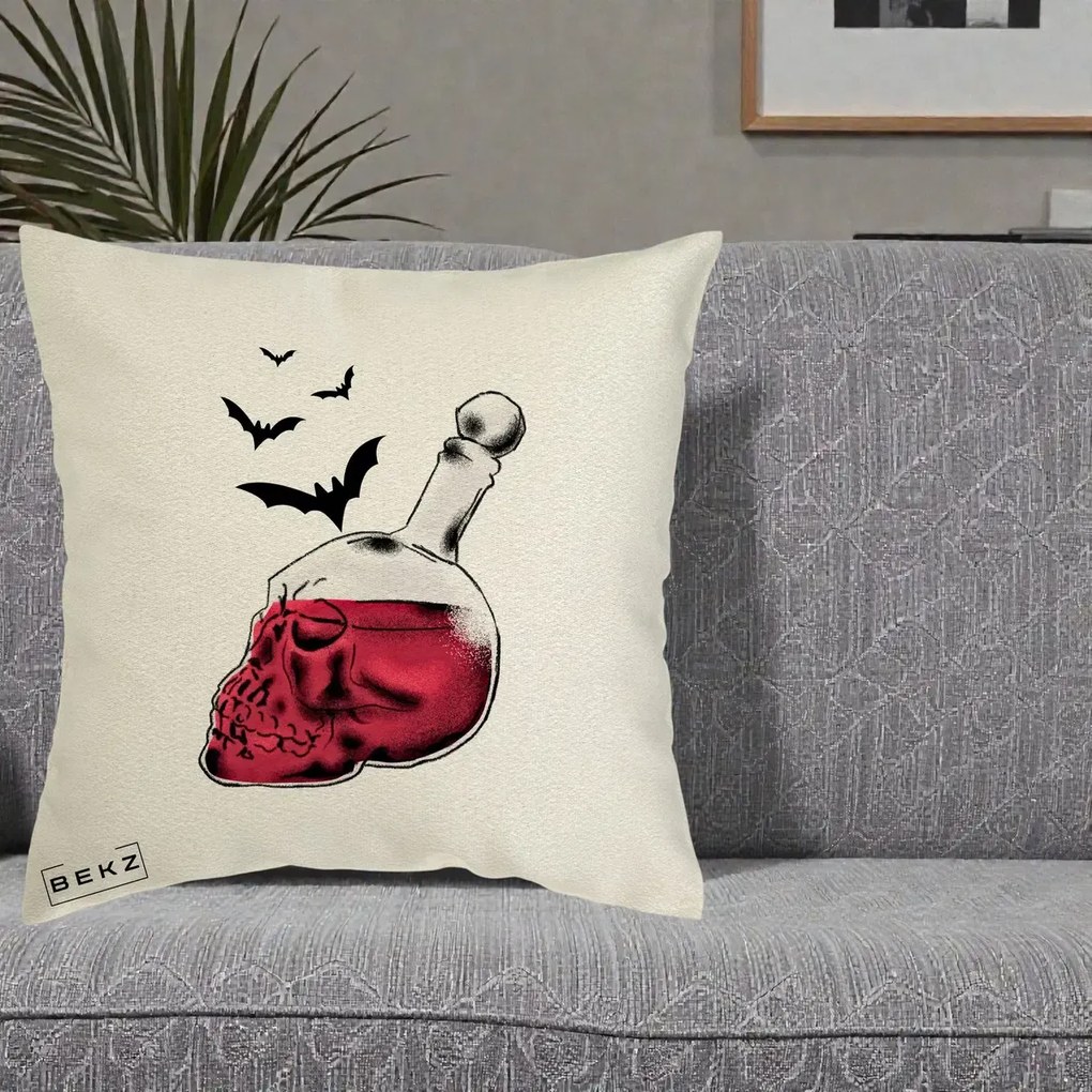 Perna Decorativa Halloween Craniu-Sticla cu Lilieci, 40x40 cm, Ecru, Husa Detasabila, Perna Inclusa, BEKZ®