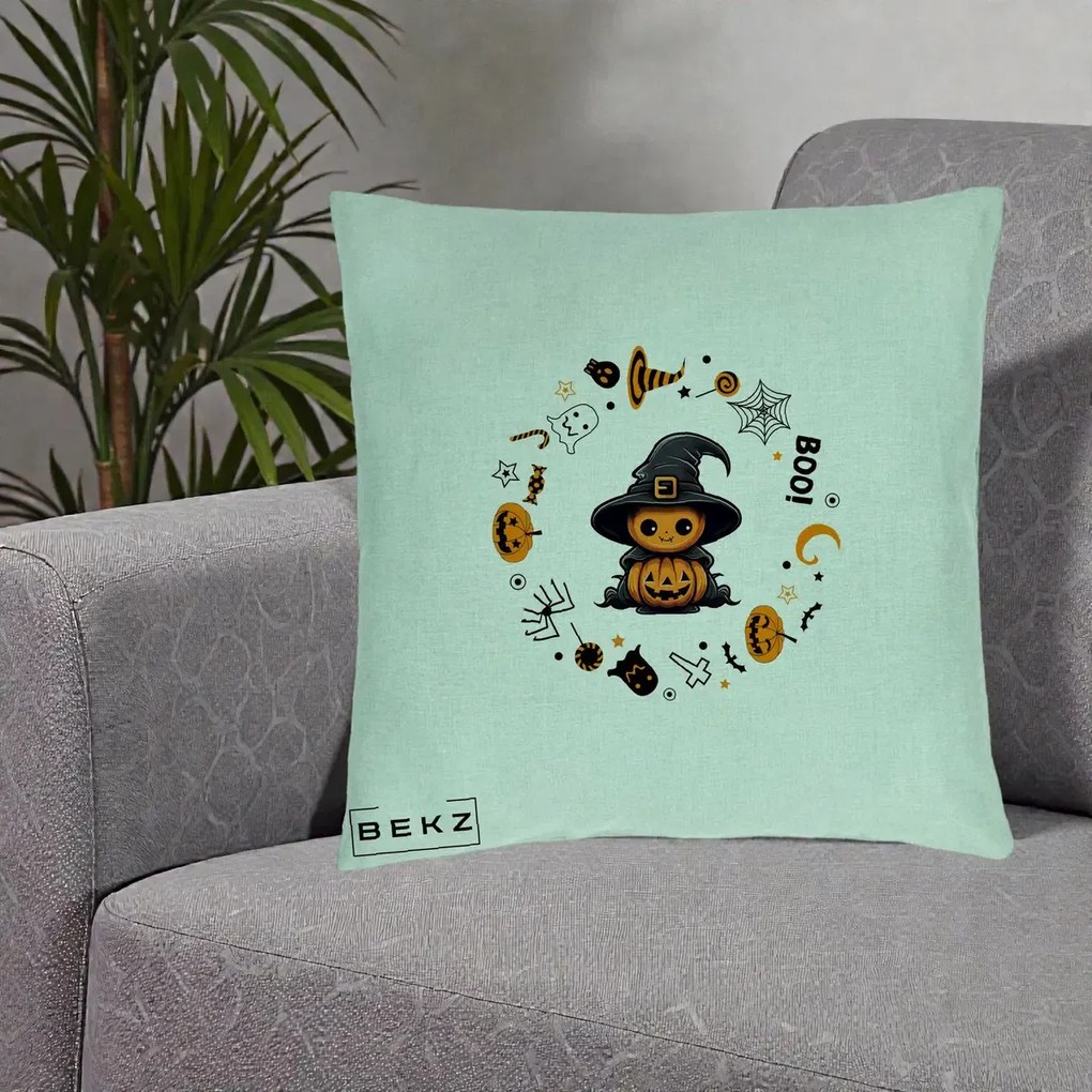 Perna Decorativa Halloween Dovleac Vrajitor Boo cu Simboluri, 40x40 cm, Verde Menta, Husa Detasabila, Perna Inclusa, BEKZ®