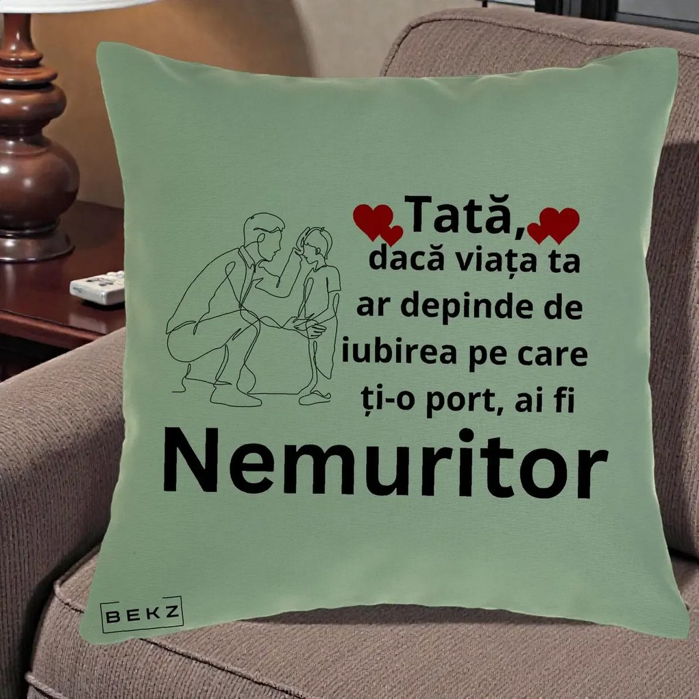 Cadou pentru Tata - Perna Personalizata Tata Nemuritor Baietel, 40x40 cm, Verde, Husa Detasabila, Perna Inclusa, BEKZ®