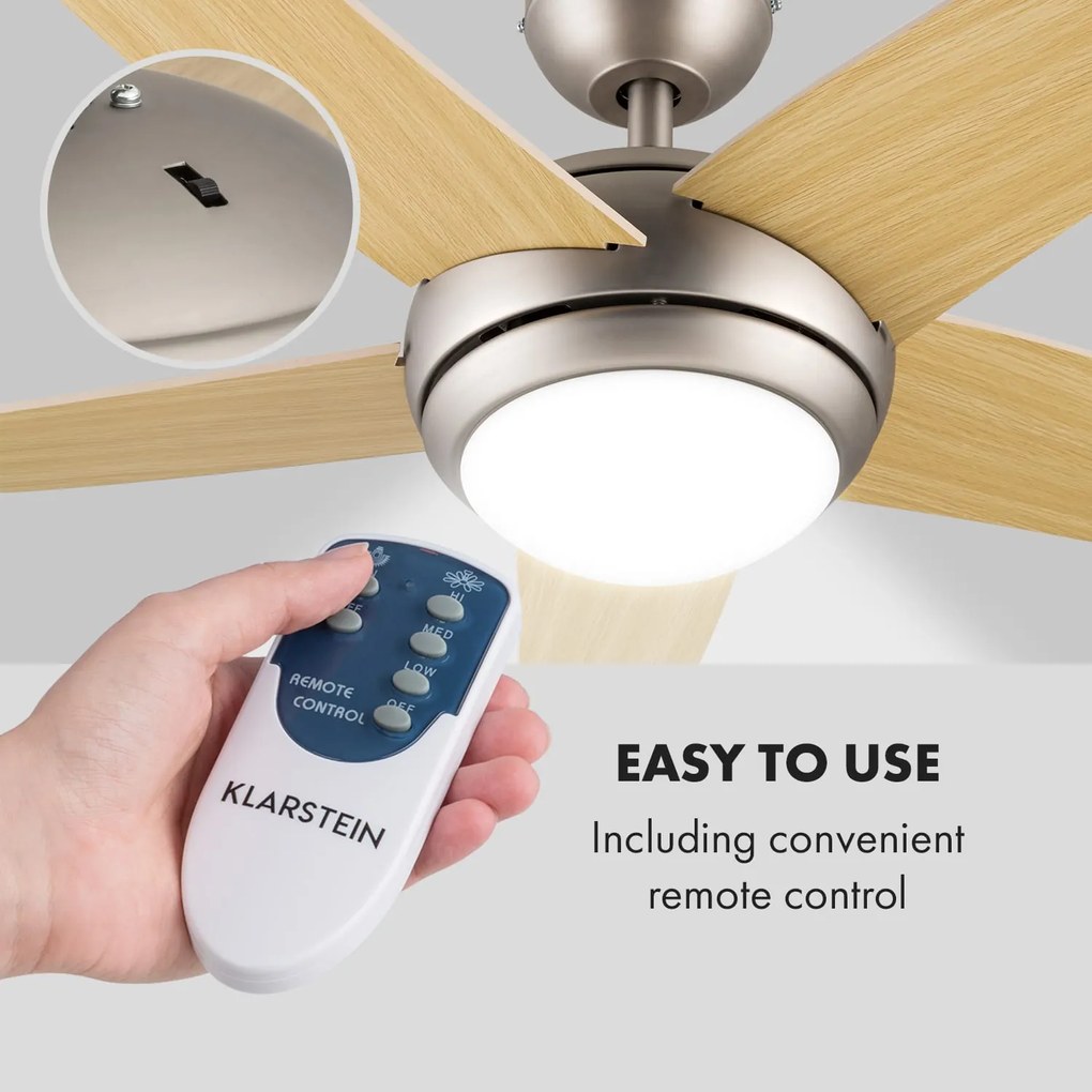 Klarstein Bolero, 55W, ventilator de tavan cu lampă, 134 cm, brațe din lemn de arțar, telecomandă