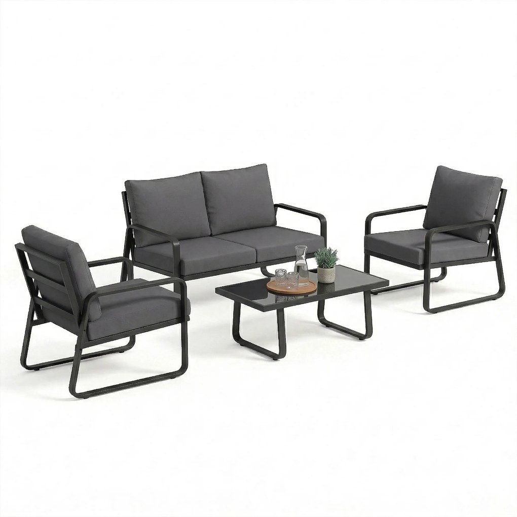 Outsunny Set mobilier de grădină 4 piese cu perne detașabile foarte groase 10 cm masă de cafea din sticlă securizată Negru | Aosom Romania