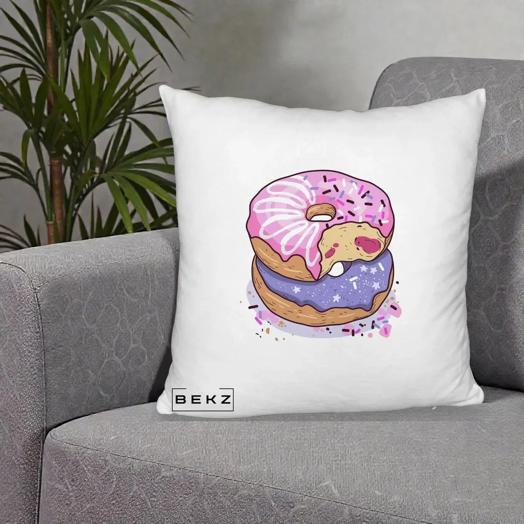 Perna Decorativa Donuts Roz si Mov, 40x40 cm, Alb Pufos, Husa Detasabila, Perna Inclusa, BEKZ®