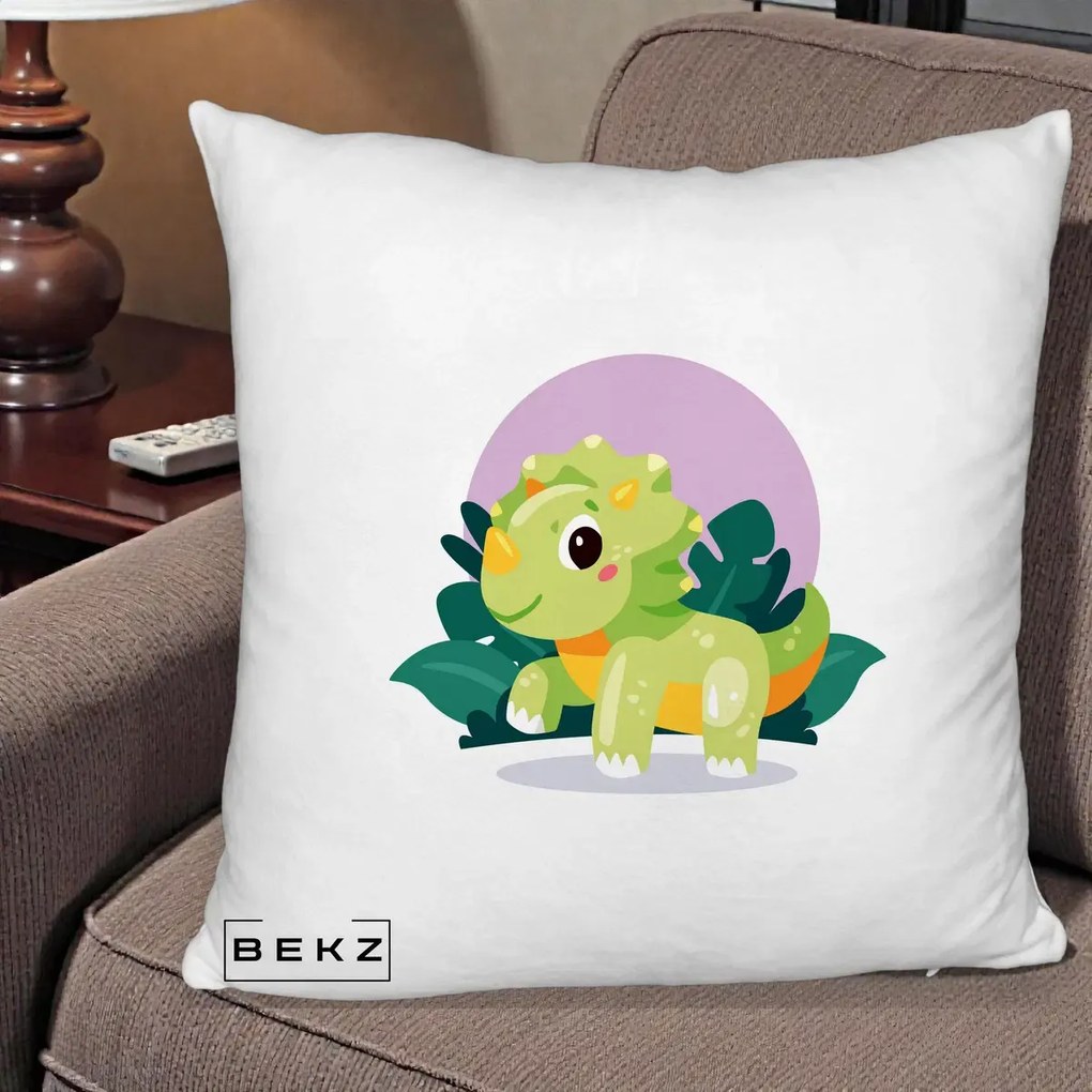 Perna Decorativa Triceratops Kawaii Verde, 40x40 cm, Alb Pufos, Husa Detasabila, Perna Inclusa, BEKZ®