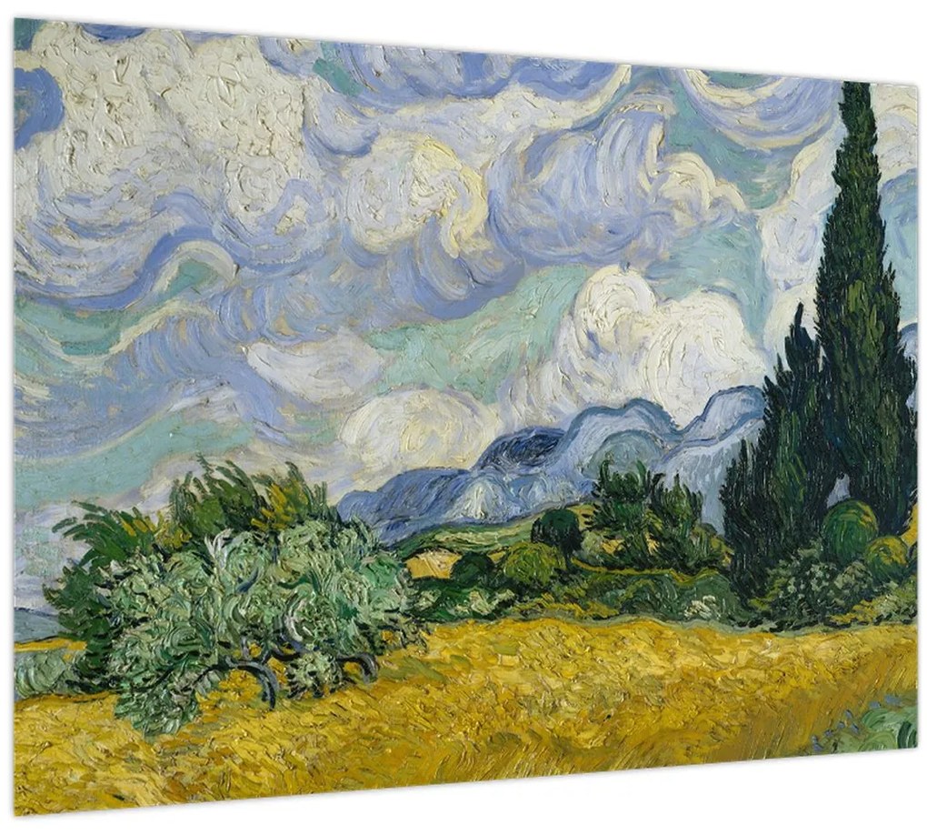 Tablou pe sticlă - Vincent van Gogh, Wheat Field with Cypresses, reproducere (70x50 cm)