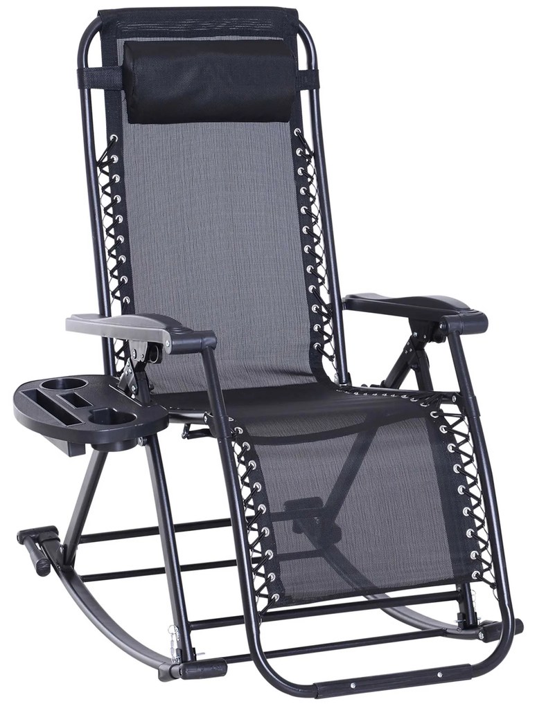 Outsunny Scaun Sezlong tip Leagan Rabatabil cu Taburet si Loc pentru Pahar , Negru, 120x67x102cm