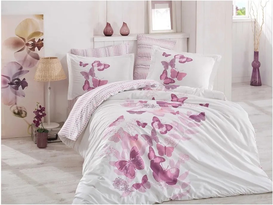 Lenjerie de pat și cearșaf din bumbac poplin pentru pat dublu Sueno Lilac, 200 x 220 cm