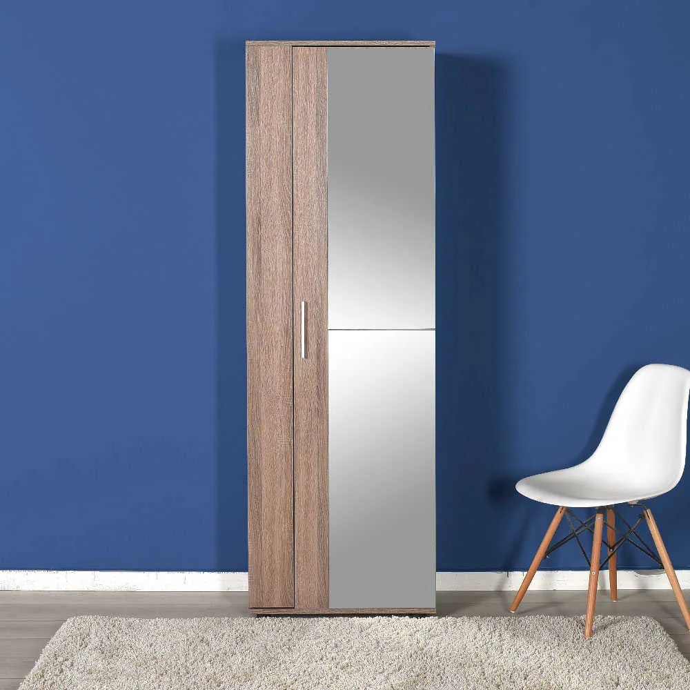 Pantofar Adore Porto, 2 usi reversibile cu oglinda, 10 rafturi, capacitate 28 perechi incaltaminte, Alb / Stejar, 60 x 35 x 187 cm