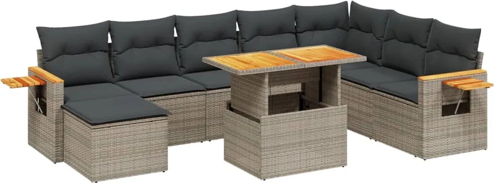 vidaXL Set canapele de grădină, 9 piese, cu perne, gri, poliratan