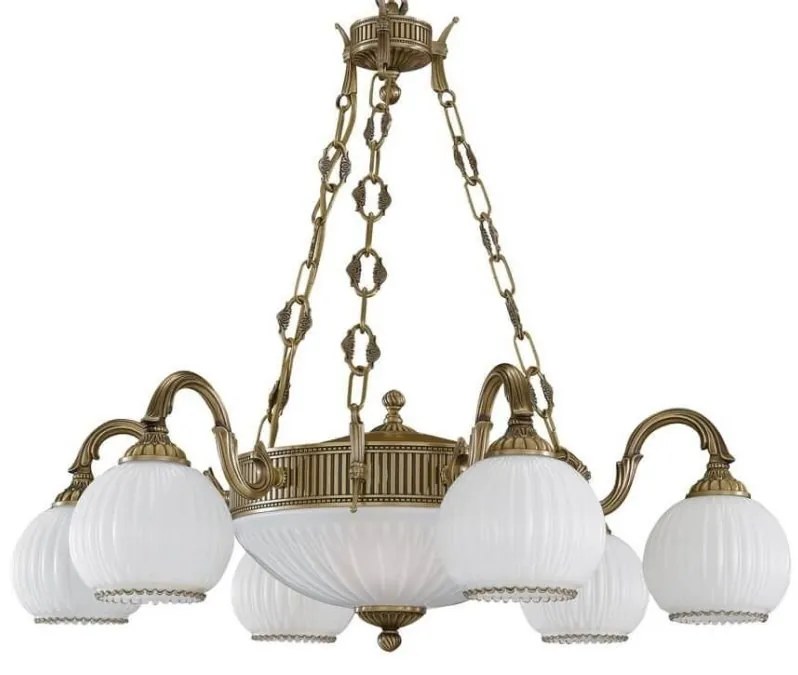 Candelabru cu 6 brate clasic design italian din alama, sticla 9200 RA-L. 9200/6+2