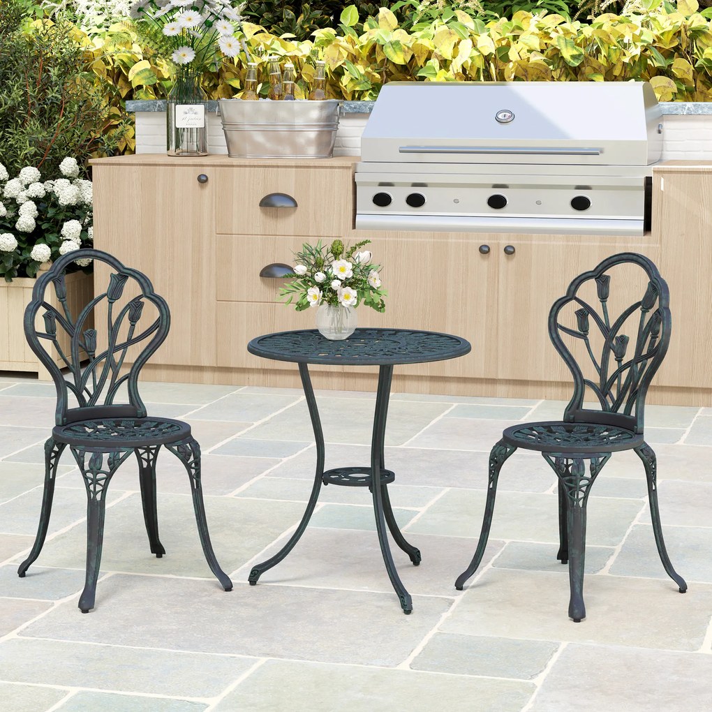 Outsunny Set Mobilier de Grădină 2 Locuri 2 Scaune + Masă Rotundă Fontă de Aluminiu Imitație Fier Forjat Verde | Aosom Romania