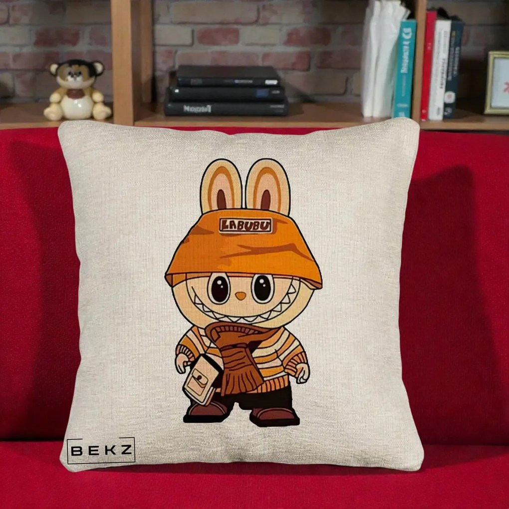 Perna Personalizata Labubu Streetwear Portocaliu, 40x40 cm, Bej Canapea, Husa Detasabila, Perna Inclusa, BEKZ®