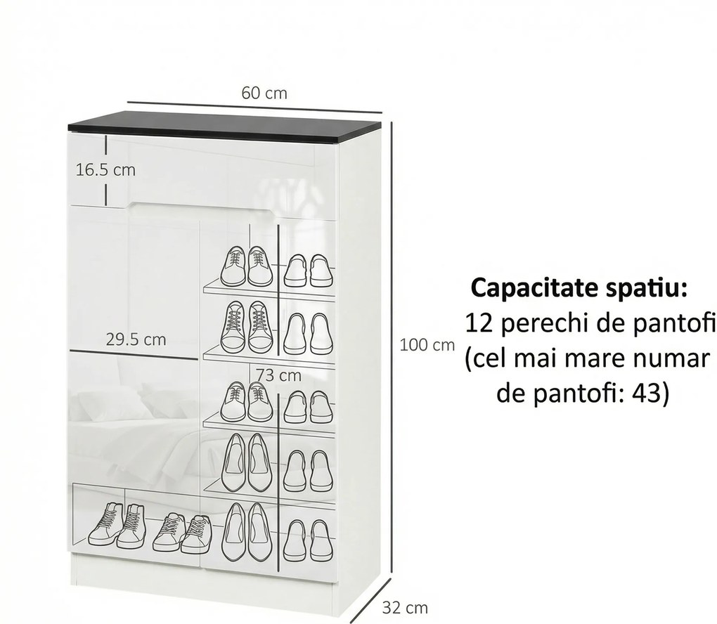 HOMCOM Dulap pentru Pantofi pentru 12 Perechi pentru Hol cu 3 Rafturi Reglabile și Sertar, Design Anti-Răsturnare, 60x32x100 cm, Alb | Aosom Romania