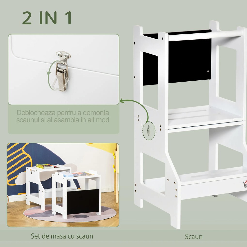 HOMCOM Turn de invatare Montessori 2 in 1 detasabil din MDF, pentru copii 3-6 ani, alb | Aosom Romania